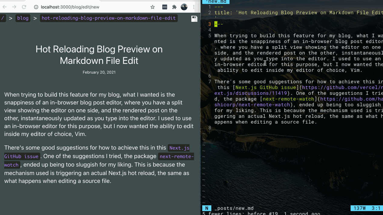 Side by side web browser and vim hot reloading